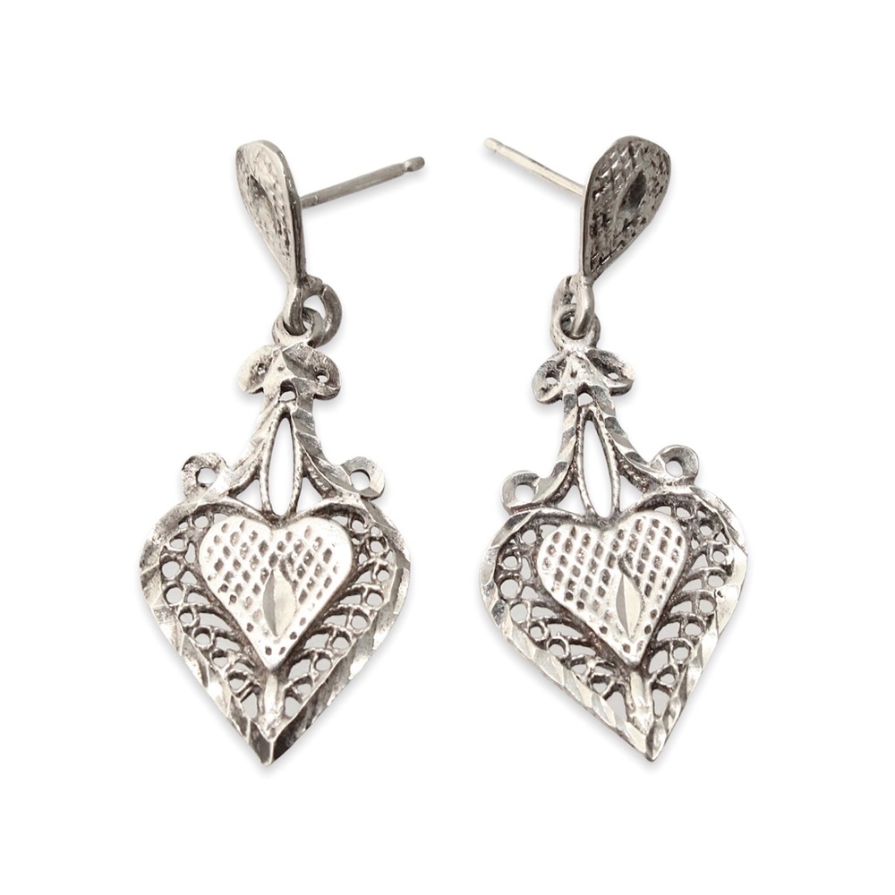 Vintage Sterling Silver Heart Dangle Earrings Diamond Cut Filigree Openwork